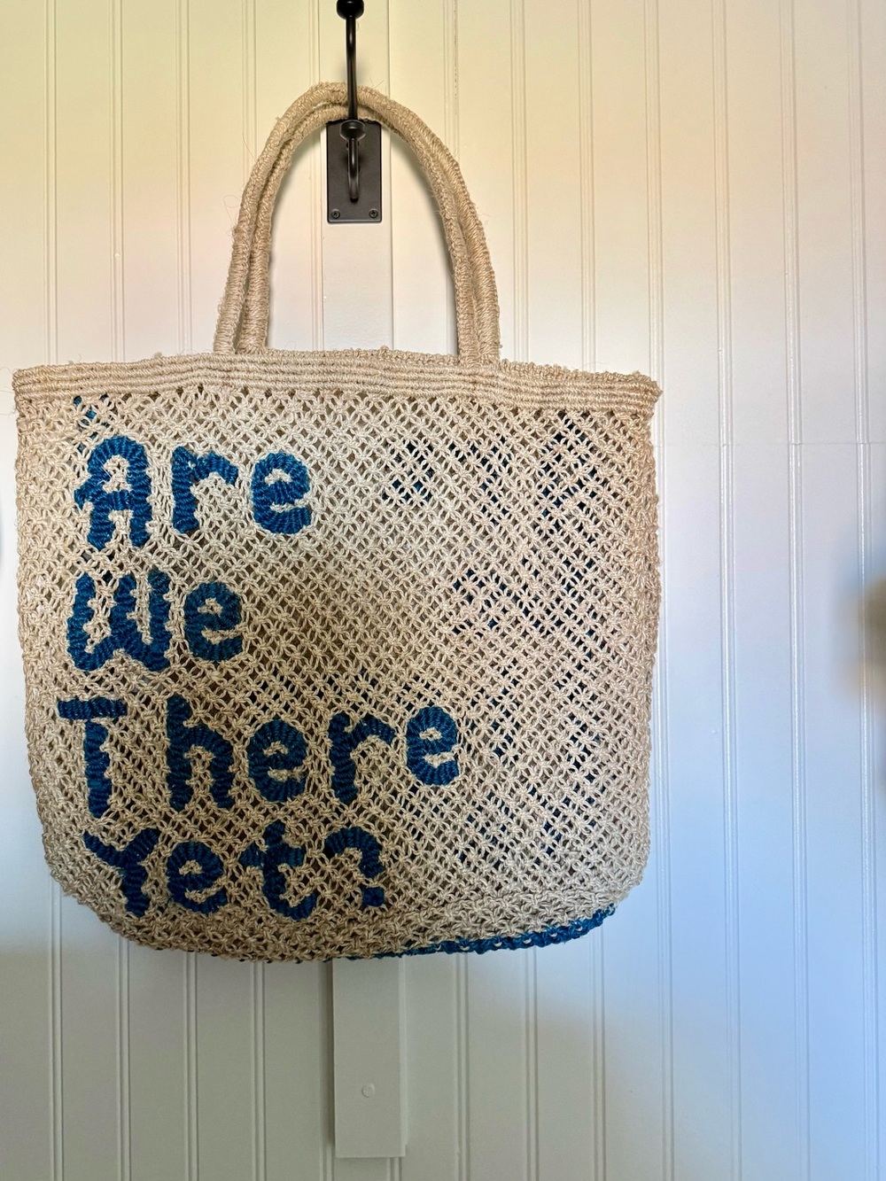 JACKSON Natural Woven Tote with Blue Lettering